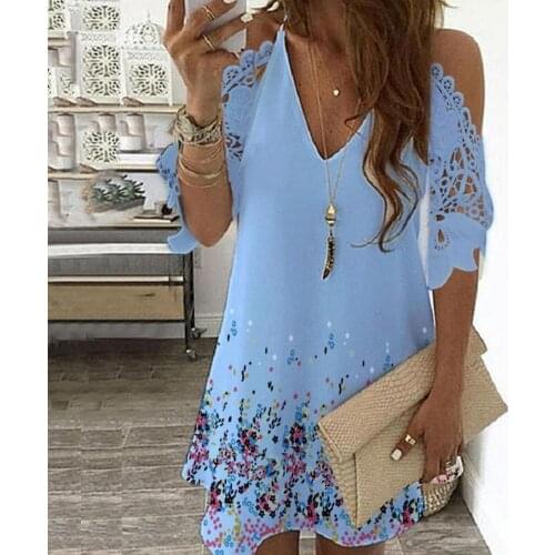 2021 Women Spring Summer Mini Dress Printed V Neck Lace Sleeve Women Off Shoulder Hollow Out Patchwork Dress for Party