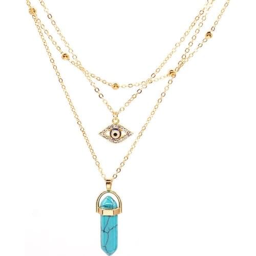 Fashion Natural Hexagonal Stone Crystal Pillar Pendant Necklaces For Women Multilayer Long Chains Blue Evil Eye Charm Necklaces