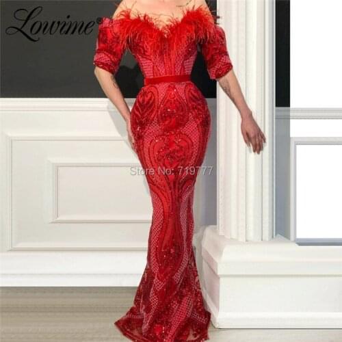 Feather Red Mermaid Evening Dress Abendkleider Abiye Off The Shoulder Formal Dress 2019 Couture Wedding Party Gowns Robe Soiree