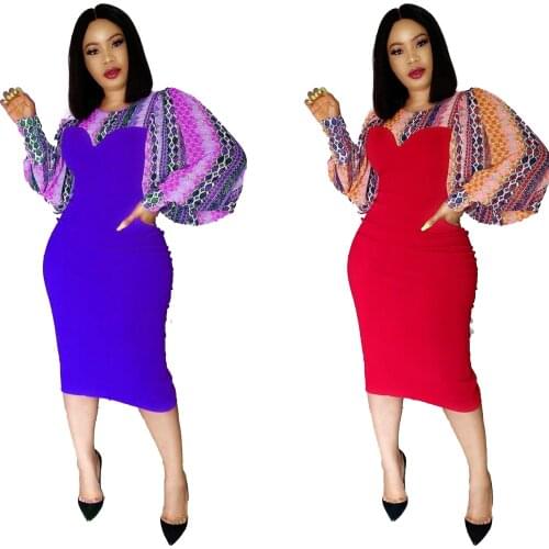 African Clothing For Women Dress Printed Bat Sleeve Elegant O Neck High Waist Stretch Bodycon Dress Lady Office Casual Work Wear