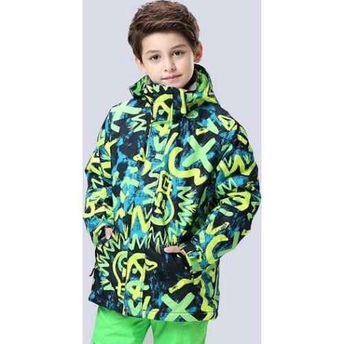 Kids Ski Jacket Green Yellow Doodle Teenage Children Outdoor Sports Coat Boys Snowboard Cycling Snow Parka Waterproof Thermal