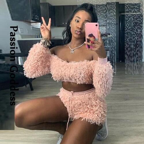 Cute Women 2 Piece Pink Fluffy Fur Sets Plush Long Sleeve Cropped Top High Waist Shorts Slim Two Piece Party Fuzzy Suits Kawaii