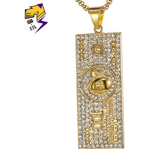 Hip Hop US Dollar Money Necklace & Pendant for Men 316L Stainless Steel Gold Color Long Chain Rhinestone Hiphop Bling Necklaces