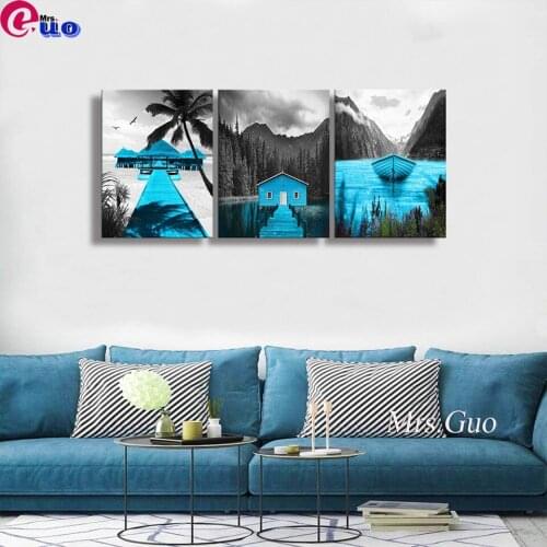 3 Piece Wall Art Landscape Lake Blue Black Boat Diamond Painting Full Square Diamond Embroidery Cross Stitch Kit Diamond Mosaic