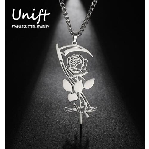 Unift Stainless Steel Rose Scythe Necklace for Women Men Gothic Jewelry Darkness Power Gold Color Witchy Gifts Flower Skull Goth