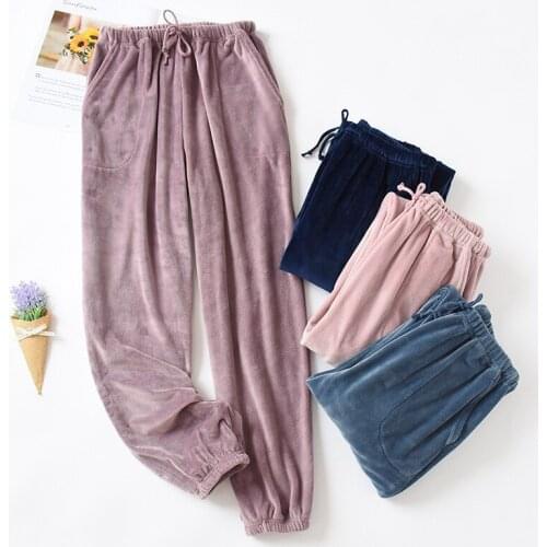 Fdfklak New Thick Flannel Sleepwear Pant Warm Autumn Winter Lounge wear Lazy Beam Feet Pajama Pants Loose Large Size Home Pants