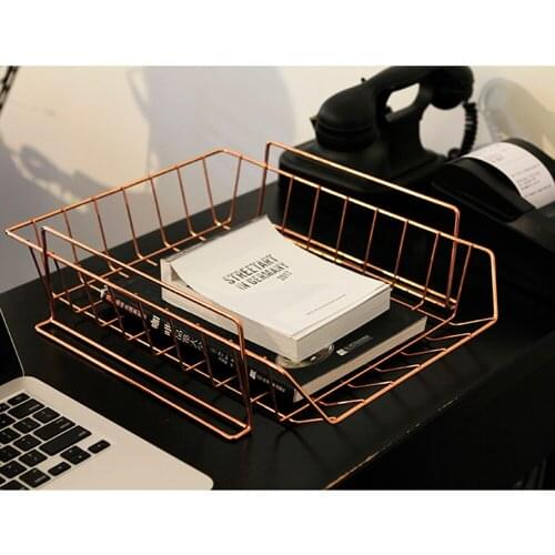 Rose Golden Office School Supplies Desk Accessories Organizer File Tray Mesh Wire Metal Document Tray Stackable File Tray