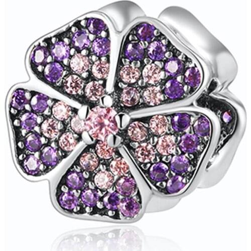 Authentic S925 DIY Jewelry Bead fit Lady Bracelet Bangle Sparkling Primrose With Purple Crystal Charms
