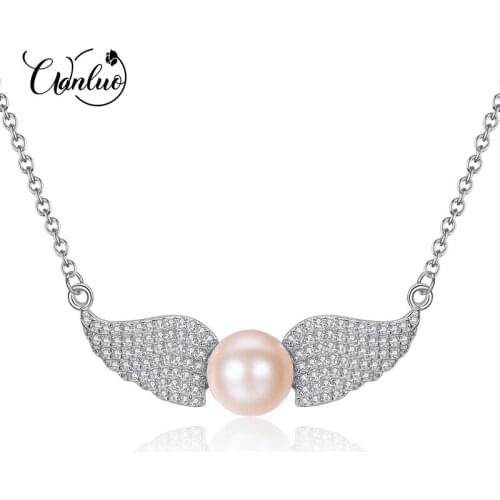 WANLUO Angel Wings Shape 925 Sterling Silver Pendant Necklace with 9-9.5mm Flat Bead Natural Freshwater Pearl Necklace for Women