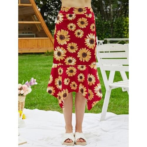 2021 New Style Women Trumpet Skirt with Sunflower Print Ruffle Hem High Waist Design Droopy Summer Holiday Beach Skirts