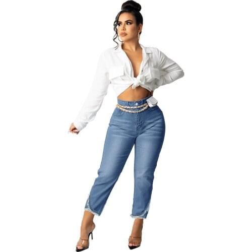 2021 Fall New High Waist Jeans For Women Fashion Casual Lace Ankle-Length Denim Pencil Pants S-2XL Global Drop Shipping
