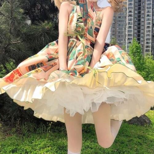 Harajuku Lolita Dress Style Design Stamp Collection Printing Tea Party Jsk Sling Dress Women Summer loli Kawaii cos