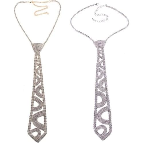 F3MD Glitter Faux Crystal Rhinestone Neck Tie Luxury Diamond Jewelry Necklace Collar