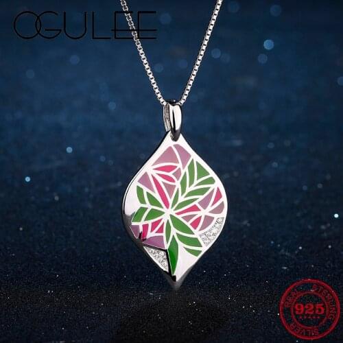 Like Pink Flower Print Leaf Shape Enamel for Women Authentic 925 Sterling Silver Charming Fashion Necklace Pendant Party Jewelry