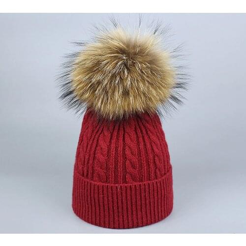 Winter Fur Pompom Hat Skullies for Women Cashmere Wool Cotton Hat Big Real Raccoon Fur Pompom Beanies Cap Fox Fur Bobble Hat