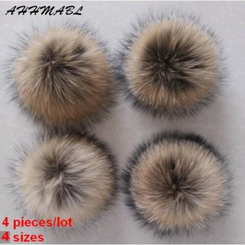 4pcs/Lot DIY Genuine Real Raccoon Fur Pompom Fur Pom Poms for Women Kids Beanie Hats Caps Big Size Natural Ball 10/12/14/16CM