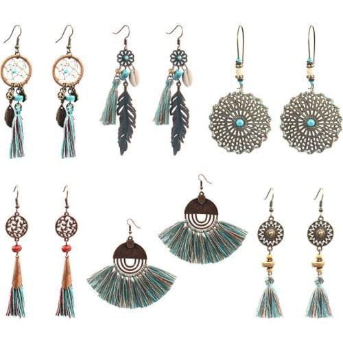 6 Pairs Urban Boho Earrings Tassel Shell Charmed Long Drop Bohemia Chic Ear Jewelry Hippie Style