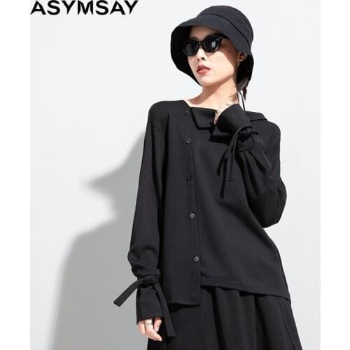 ASYMSAY Spring Autumn Womens Personality Tshirt New Fashion Tide Black Tie Bow Slash Neck Long Sleeve T-shirt Top AL1962