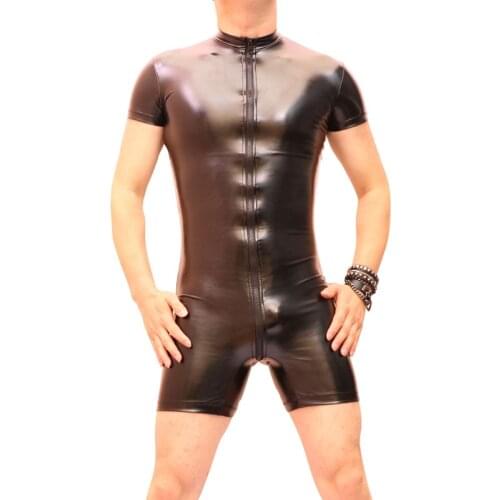 Men Sexy Shiny PVC Faux Leather Bodysuit High Elasticity Sexy Vest Zipper Open Black Bodywear Top Club Punk Dance Gay Wear 1085