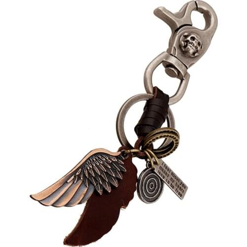 Genuine Leather Wings Keychain Punk Vintage Style Key Chain Ring For Men Women Keyfobs Bag Pendant Alloy Car Key Holder FY035