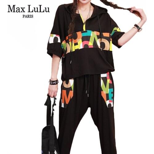 Max LuLu British Street Style 2021 Women Printed Fitness Hooded Two Pieces Sets Girl Loose Tops And Elastic Harem Pant Plus Size