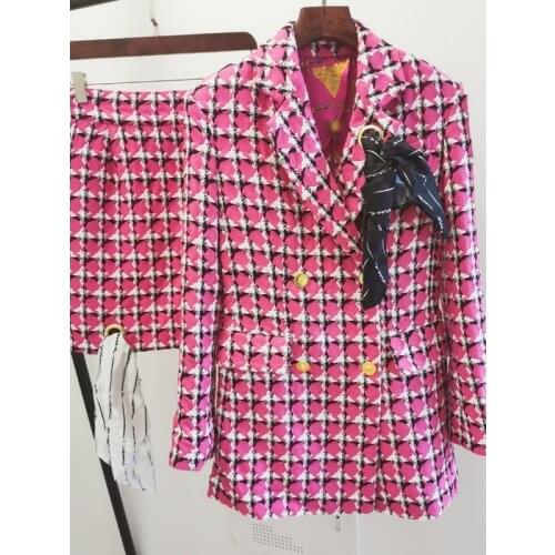 End 9.9 2021 High Custom Lapel Plaid Double Breasted Blazer Coat OR Ribbon Bag Hip A-line Skirt Fashion Women Two-piece Set