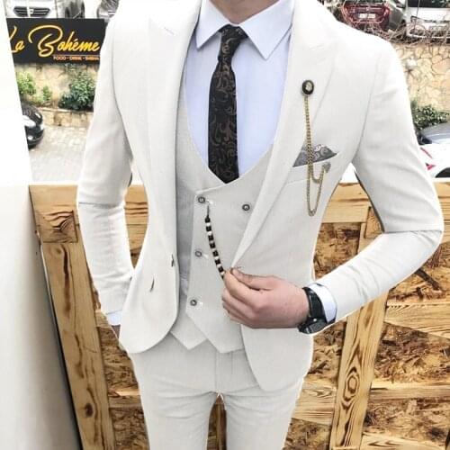 White Suit Men Slim Fit 3 Piece Casual Prom Tuxedos Groom Peaked Lapel Business for Wedding Suits Men 2020 (Blazer+Vest+Pant)