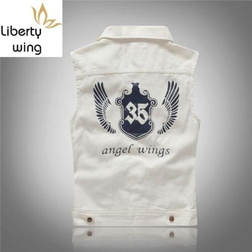 Slim Fit Men Print Denim Vintage Black White Sleeveless Jacket Casual Single Breasted Cowboy Biker Vest Outwear Male