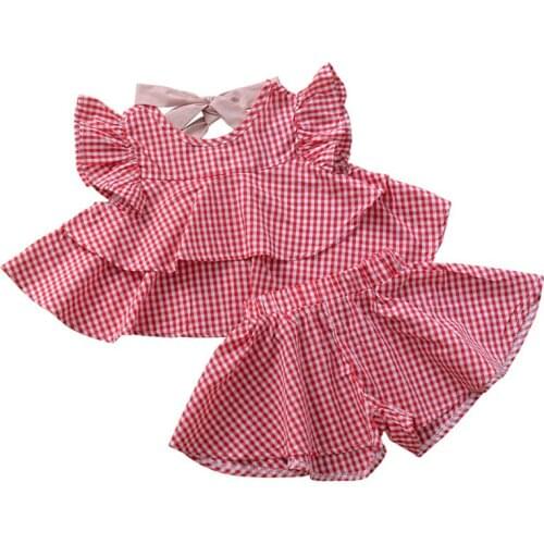 Summer Children Sets Baby Girls Casual Flare Sleeve Short T-shirt Tops+Paild Shorts With Bowknot Sashes Children Set