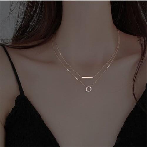 Fashion 925 Silver Necklace Girl Clavicle Accessories Charm Zircon Round Pendant Necklace Female Double Chain Layer Choker Bijou