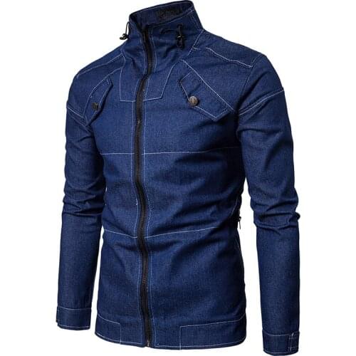 Men denim jacket spring and autumn new men stand collar solid color denim jackets zipper denim coat overcoat