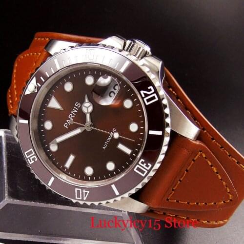 PARNIS Sapphire Glass Red Dial Date Window 40mm Rotating Bezel Self Winding Men Wristwatch Leather Strap MIYOTA Movement