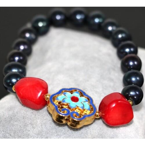 Natural 9-10mm black pearl approx round beads charm bracelet for women red coral cloisonne cloisonne jewelry 7.5inch B2970