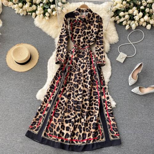 Autumn 2021 New Fashion All-match Long Vestidos Womens Lapel Long-sleeved Waist Slimming Leopard Print Maxi Dress DF720