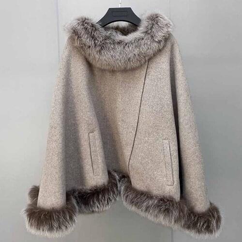 Winter New 100% Wool Shawl With Natural Fox Fur Collar Bottom 2021 Women Luxury Real Wool Oversize Cape