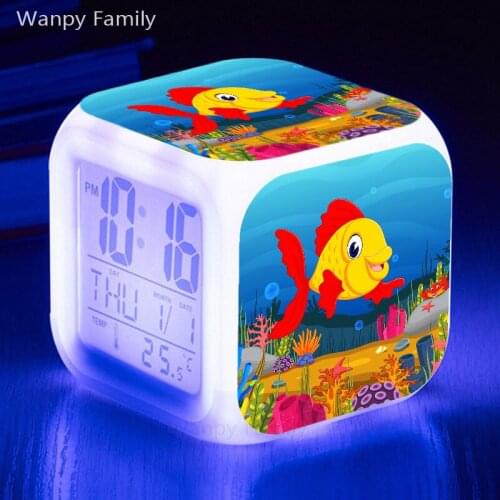 Very Nice Sea Fish Alarm Clocks 7 Color CHange LED Digital alarm clock Kids room desk multifunctional luminous electronic clock