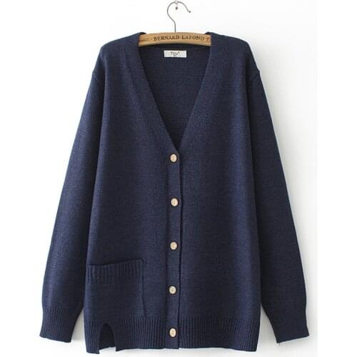 Autumn Winter Cardigans For Women Loose V Neck Sweater Pocket Hem Split Knitted Tops Plus Size XXL/4XL