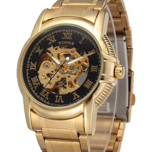 Winner Top Luxury Watch Royal Carving Black Gold Skeleton Case Orologi Uomo Uhren Automatic Mechanical Watch Relojes Para Hombre