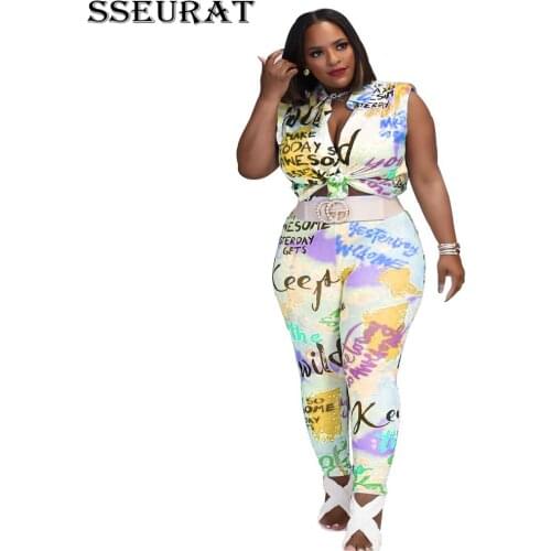 SSEURAT Women Set Graffiti Print Sleeveless Turn-down Topse Sheath Elastic Long Legging Pants 2 Two Piece Set Fashion Outfit