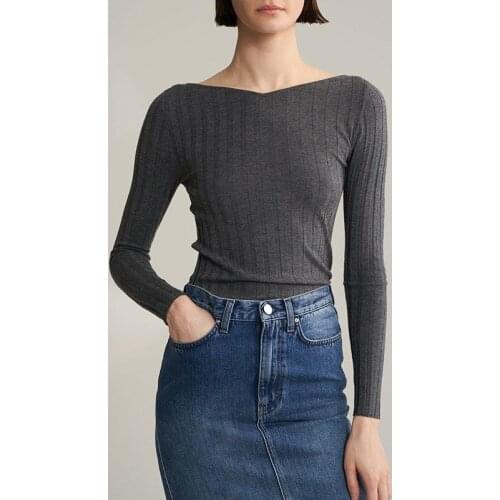 Fashion top wool silk cashmere blend Knit Ribbed Sweaters Boat Neck Long Sleeves Fitted Jersey Jumper Pullovers