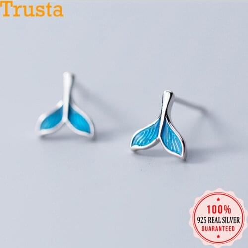 Trustdavis Minimalist 925 Sterling Silver Lovely Blue Mermaid Fishtail Stud Earrings For Women Wedding Party Jewelry Gift DS1254