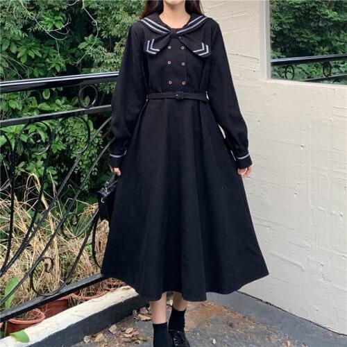 Spring/Summer Sweet Girl Japanese Cute Kawaii Girl Lolita Dress Navy Collar Puff Sleeve Preppy JK Sailor Suit Slim Midi Dress
