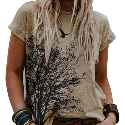 2021 Women T-shirt Short Sleeve Landscape Print Cotton Blend O Neck Floral Tree Loose Blouse Top for Summer for Family Gathering