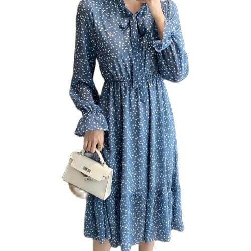 Womens Long Sleeve Flower Chiffon Dress Spring/Summer 2021 Lace Bow Single Breasted Pleated Lower
