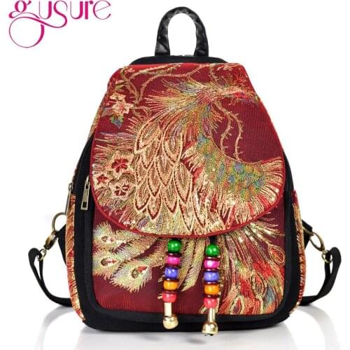 Gusure Fashion Canvas Bohemia Embroidery Women Shoulder Backpack Retro Multi Zipper Travel Pack Casual Ladies Knapsack Handbags