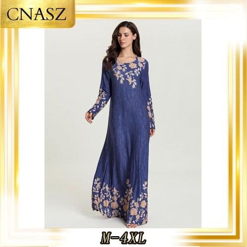 2019 Abaya Turkish Autumn Comfortable Fashion Large Size Womens Musulman Robe Blue Printed Long Sleeve Round Neck Muslim Dress