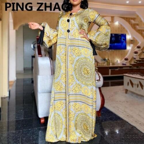 PING ZHAO Summer Long Sleeve Maxi Dress African Ladies Golden Print Vintage Plus Size 3XL Floor Length Women Party Long Dress