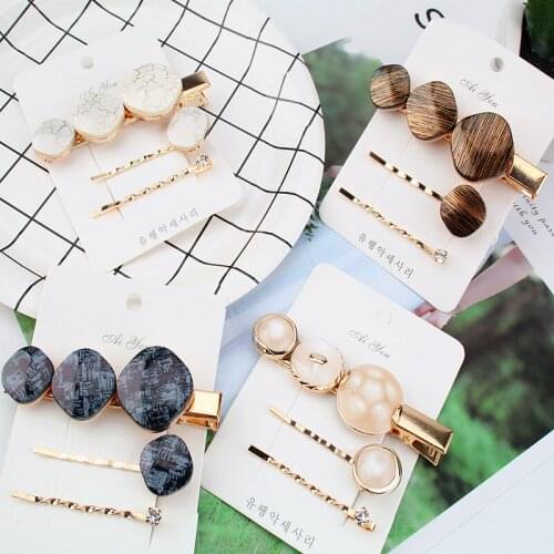 3 Pcs/set Alloy Acrylic Hair Clip Geometric Barrette Pearl Hair Pin Marble Hair Pins Women Hair Jewelry Accessories