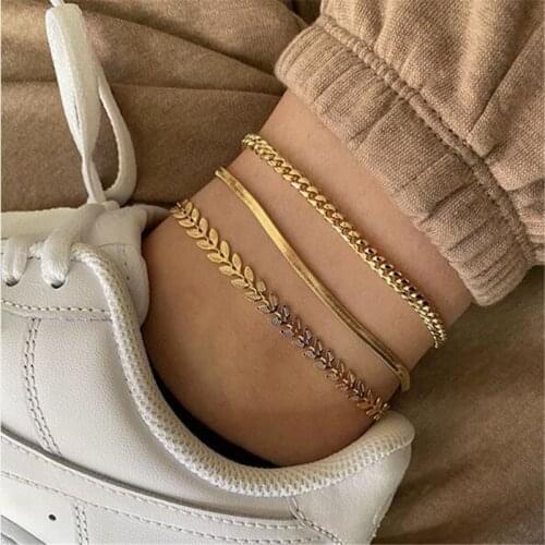 3pcs/lot Bohemian Golden Grape Leaf Snake Bone Chain Anklet Ocean Beach Surfing Vacation Jewelry Accessories Friendship Gift