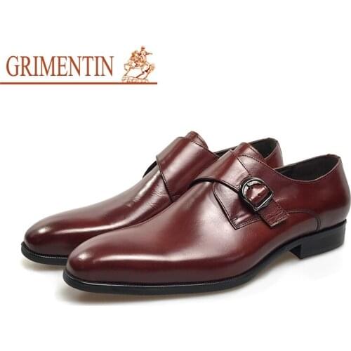 Grimentin fashion buckle men dress shoes brown genuine leather male business wedding shoes